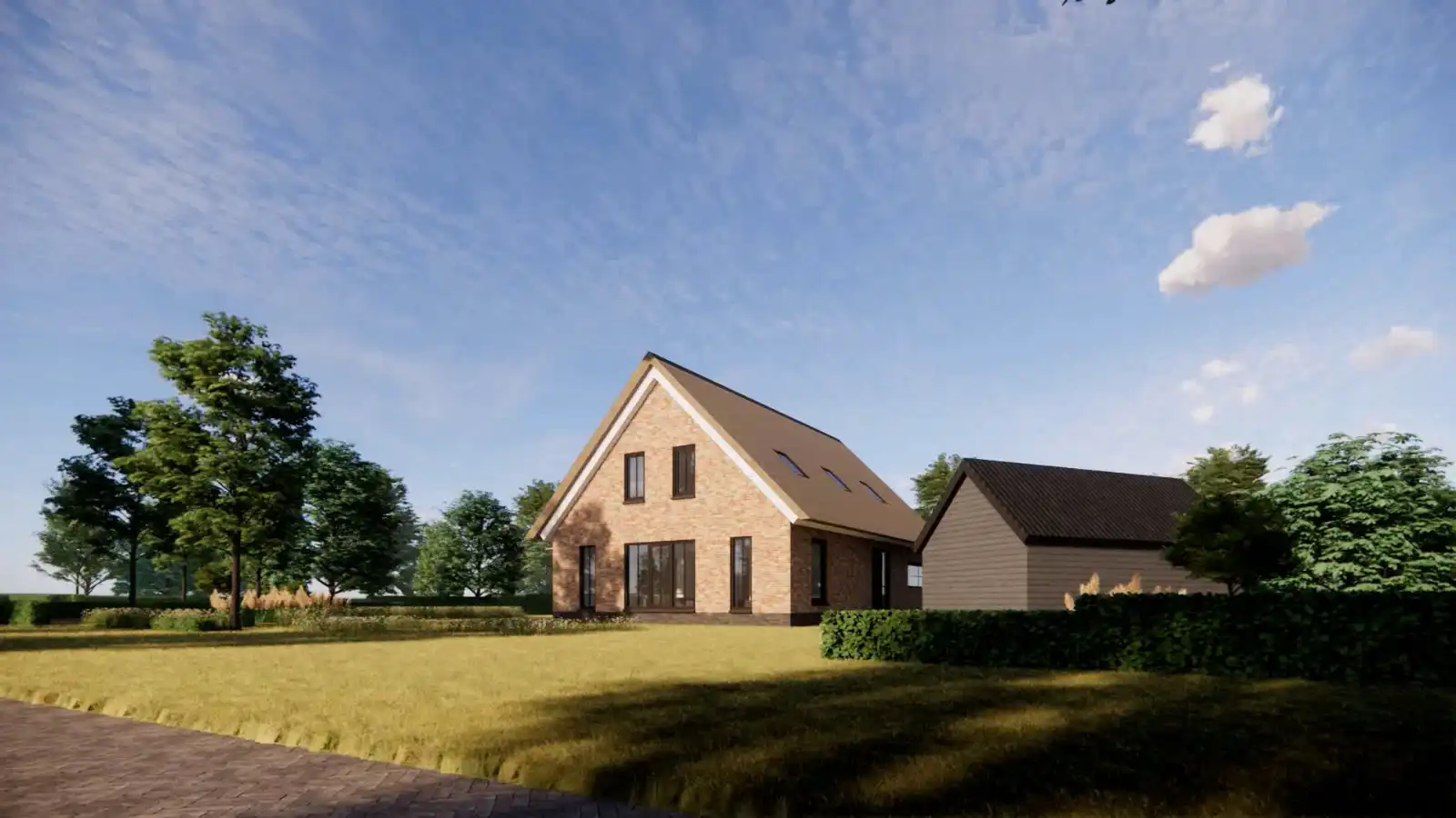 Render vrijstaande boerderijwoning met rieten dak
