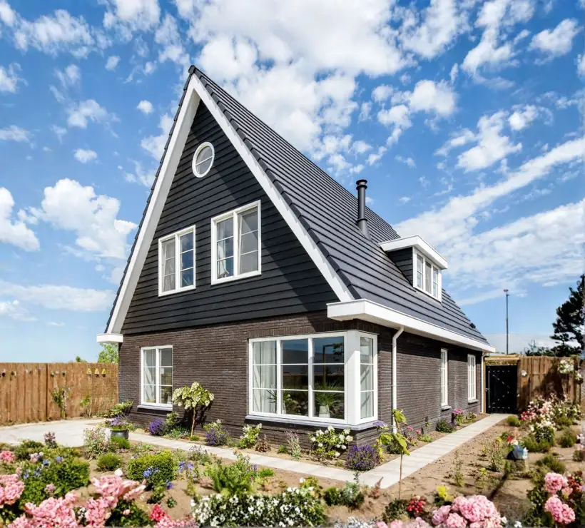 Vooraanzicht van een vrijstaande woning met dakkapel