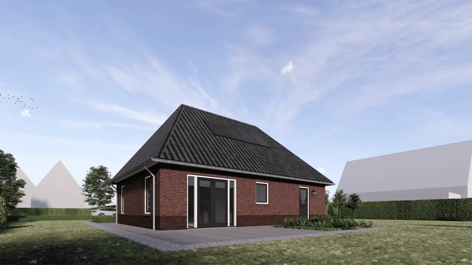 Eigenzijde render vrijstaande woning met zonnepanalen op het dak