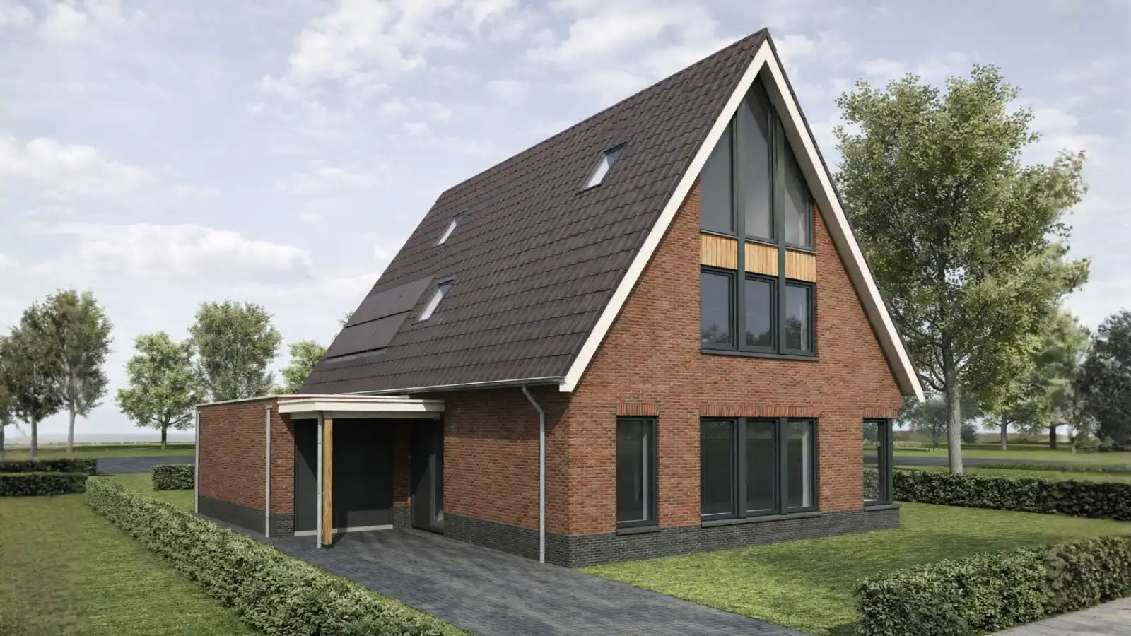 Render vrijstaande woning met rode bakstenen