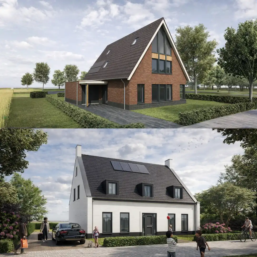 Twee renders van woningen. 1 met rode stenen en een met een witte gevel