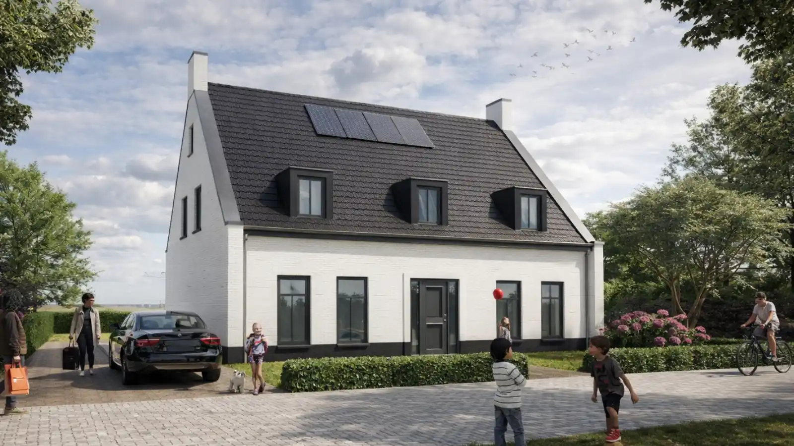 Render witte moderne woning met drie dakkapellen