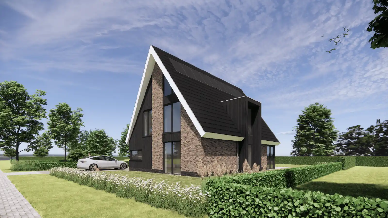 Render van vrijstaande woning met houten gevelbekleding en risaliet