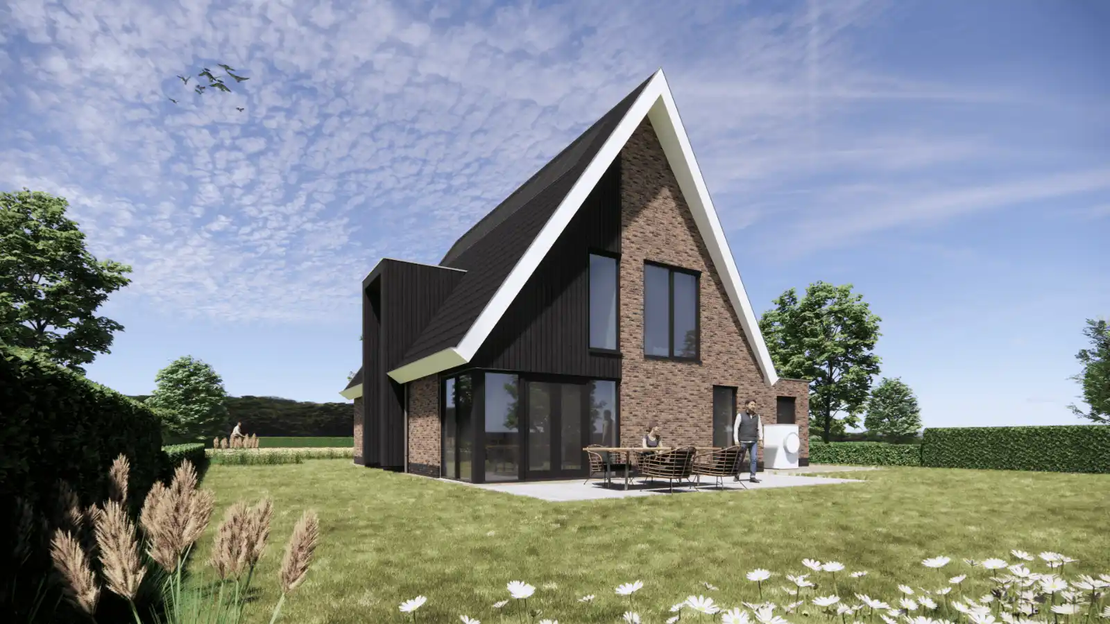 Render van vrijstaande woning met houten gevelbekleding en risaliet