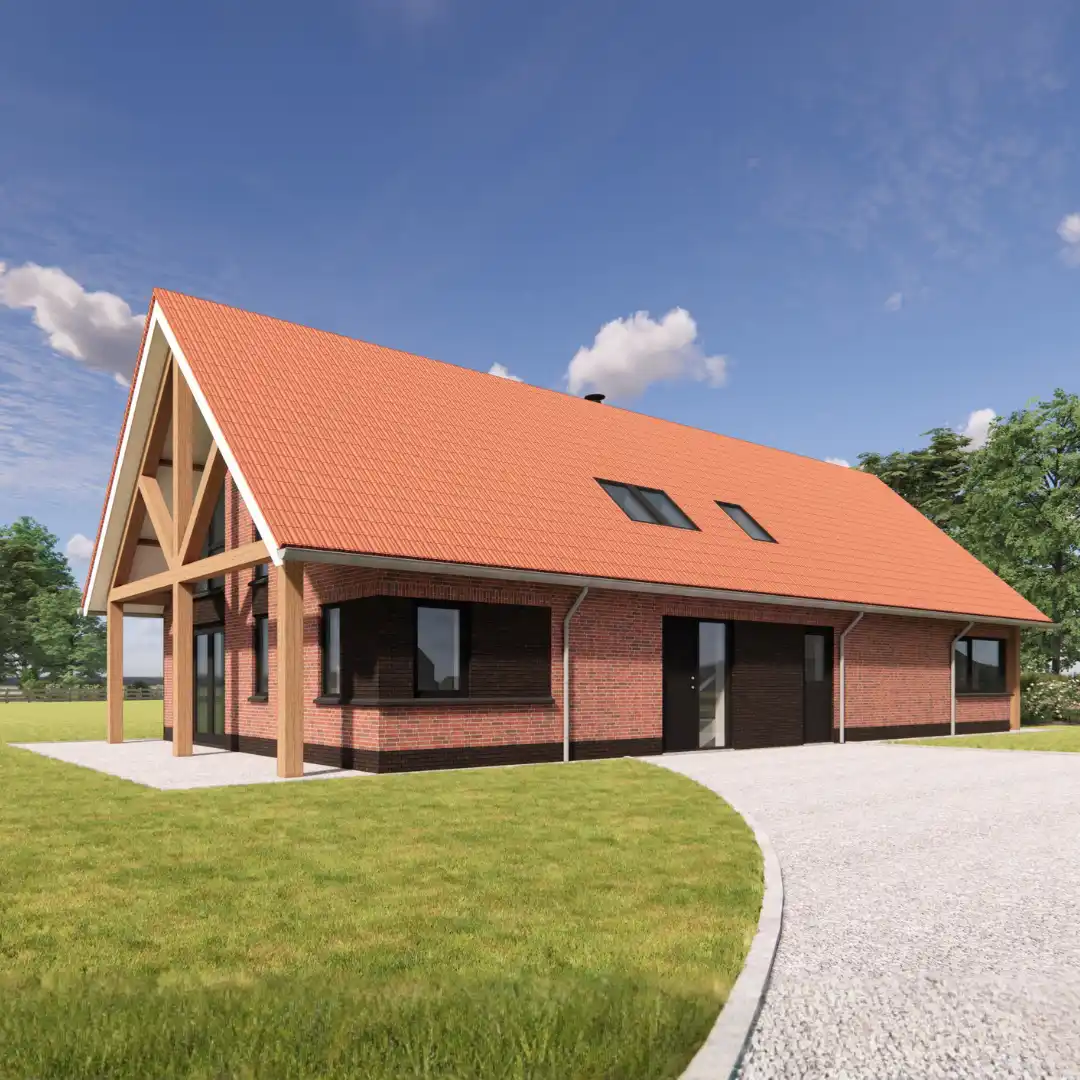 Render van een lage schuurwoning met rode stenen