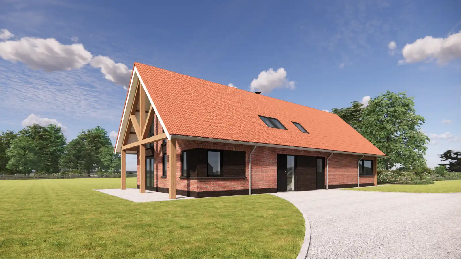 Render van een lage schuurwoninf mt rode stenen