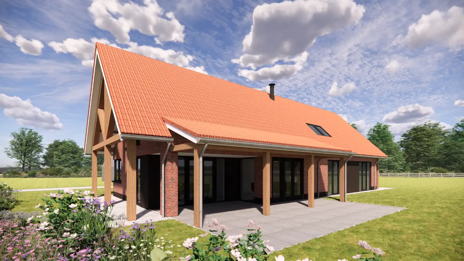 Render van een lage schuurwoning met rode stenen en overkapping
