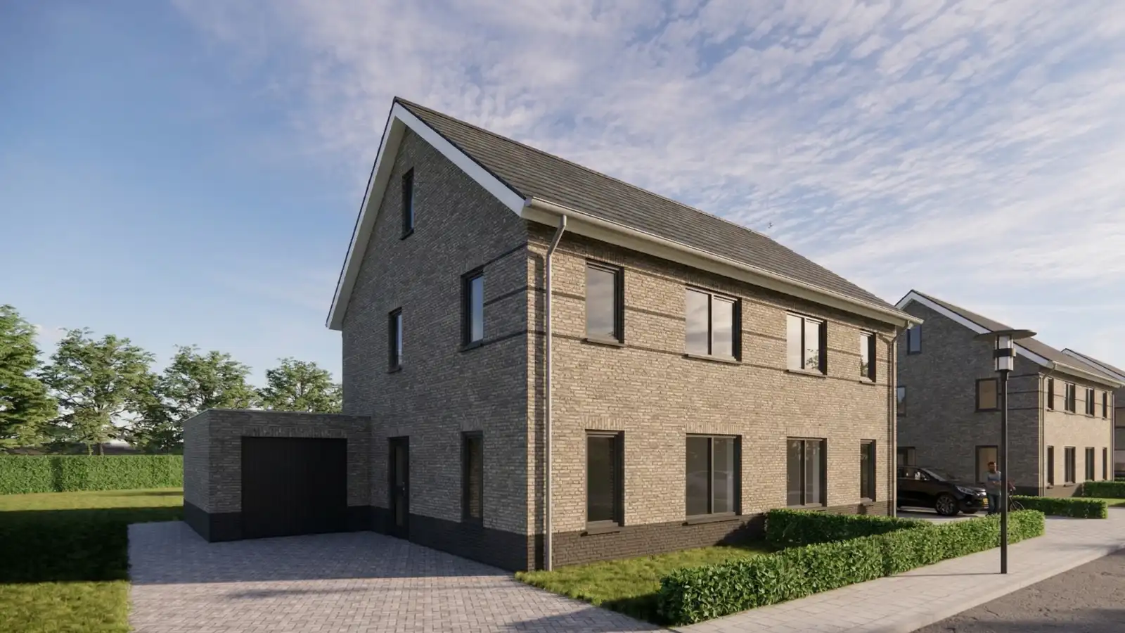 Render van hoogbouw twee-onder-een kap woningen met grijze gevelstenen