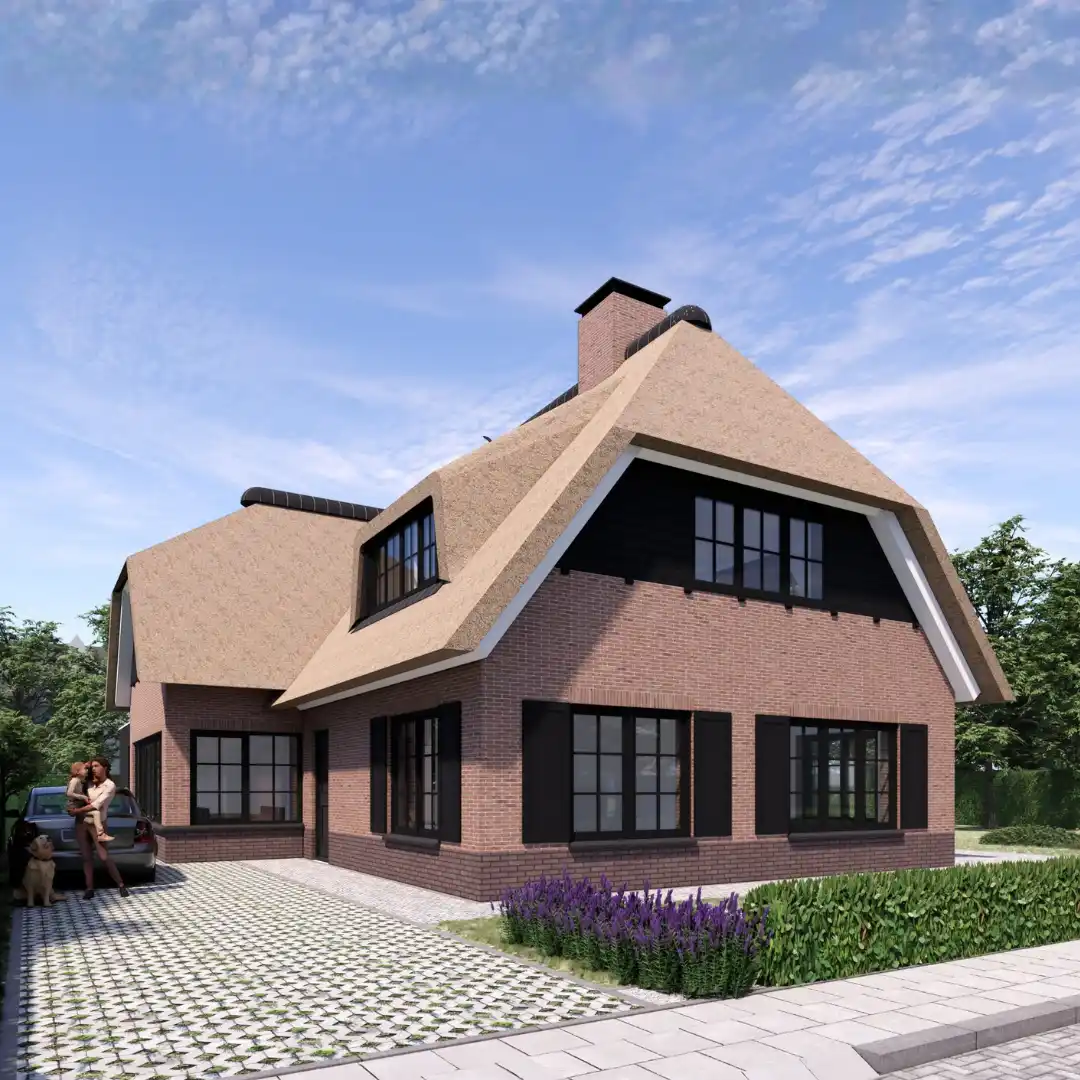 Render van een vrijstaande landelijk woning met een rieten kap