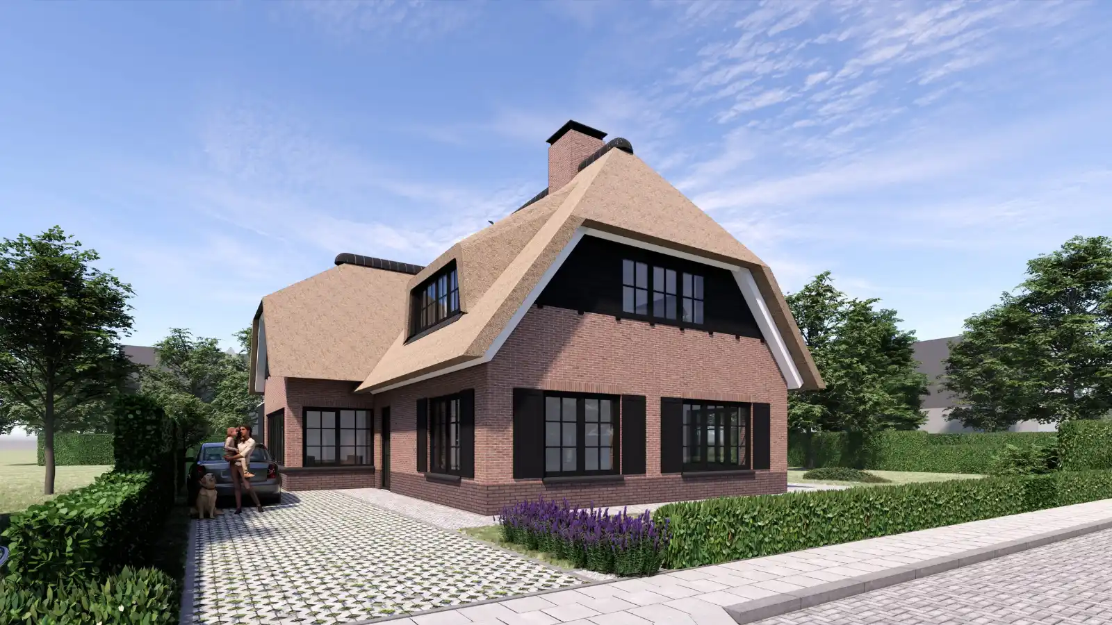 Render van een vrijstaande landelijk woning met een rieten kap