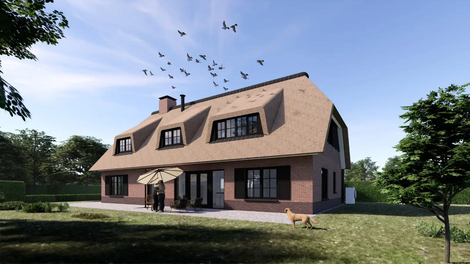 Vrijstaande woning met rode stenen en rieten kap