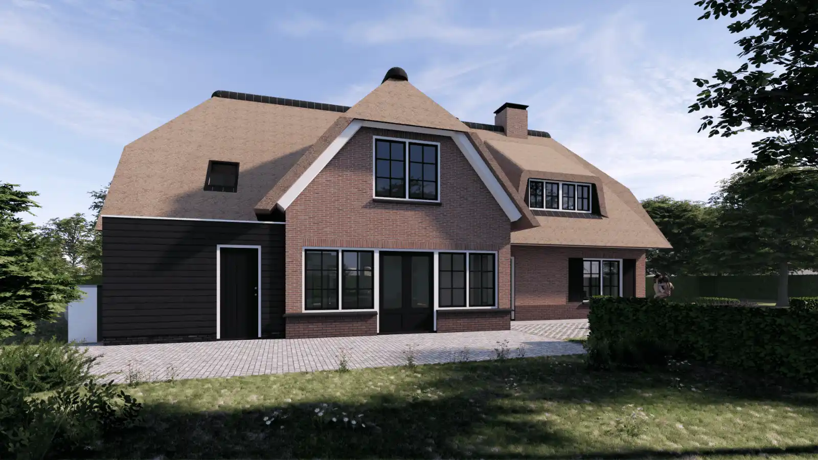 Vrjistaande woning met rode stenen, rieten kap en een aanbouw met houten gevelbekleding