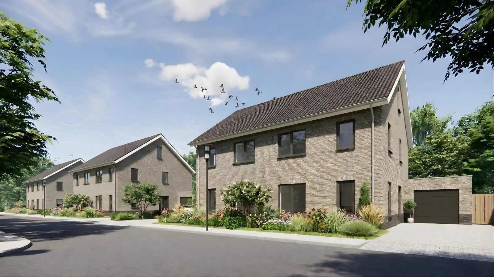 Render van straat met wee-onder-een kap woningen