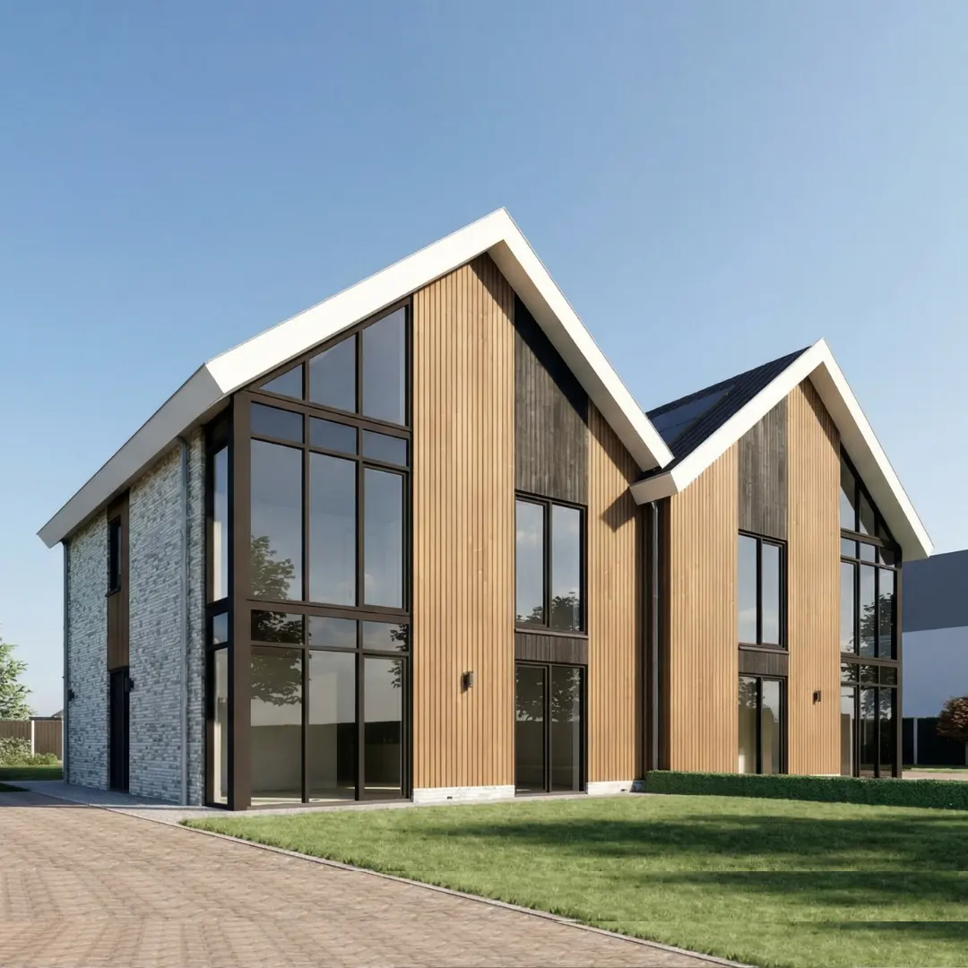 Render van twee-onder-een kap met veel glas en houtengevelbekleding