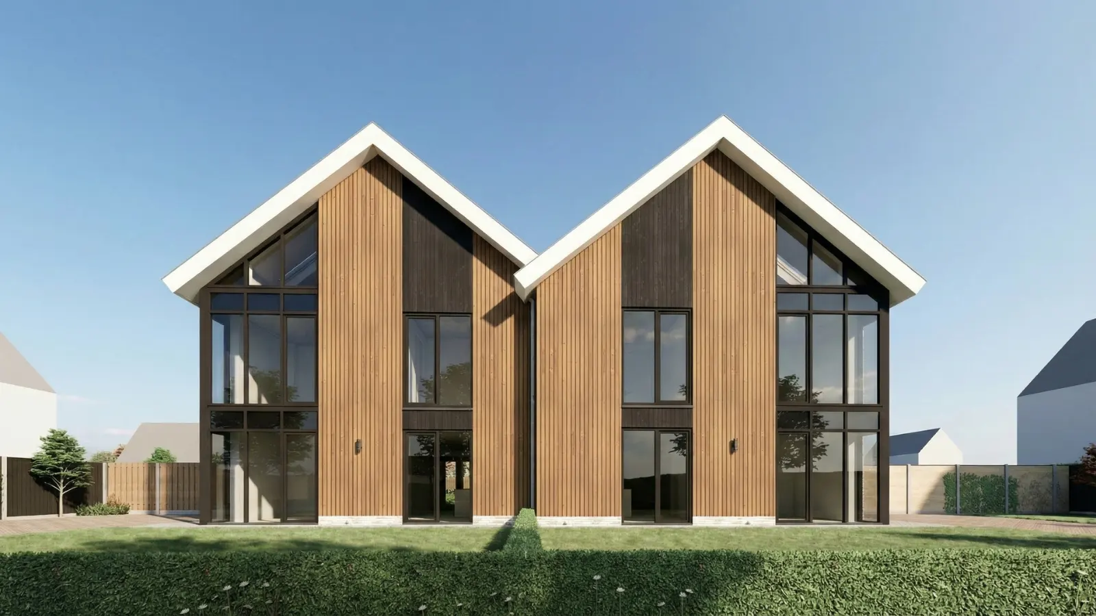 Render van twee-onder-een kap met veel glas en houtengevelbekleding