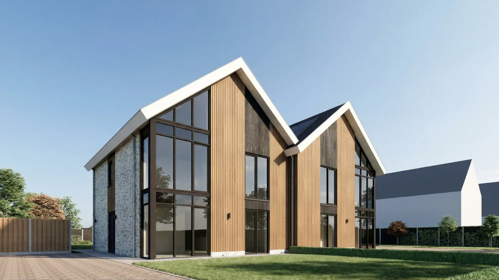 Render van twee-onder-een kap met veel glas en houtengevelbekleding