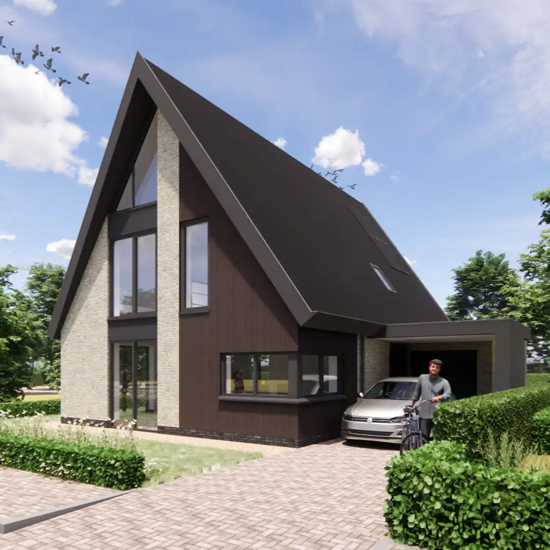 Render vrijstaande woning met houten gevelbekleding en grijze stenen