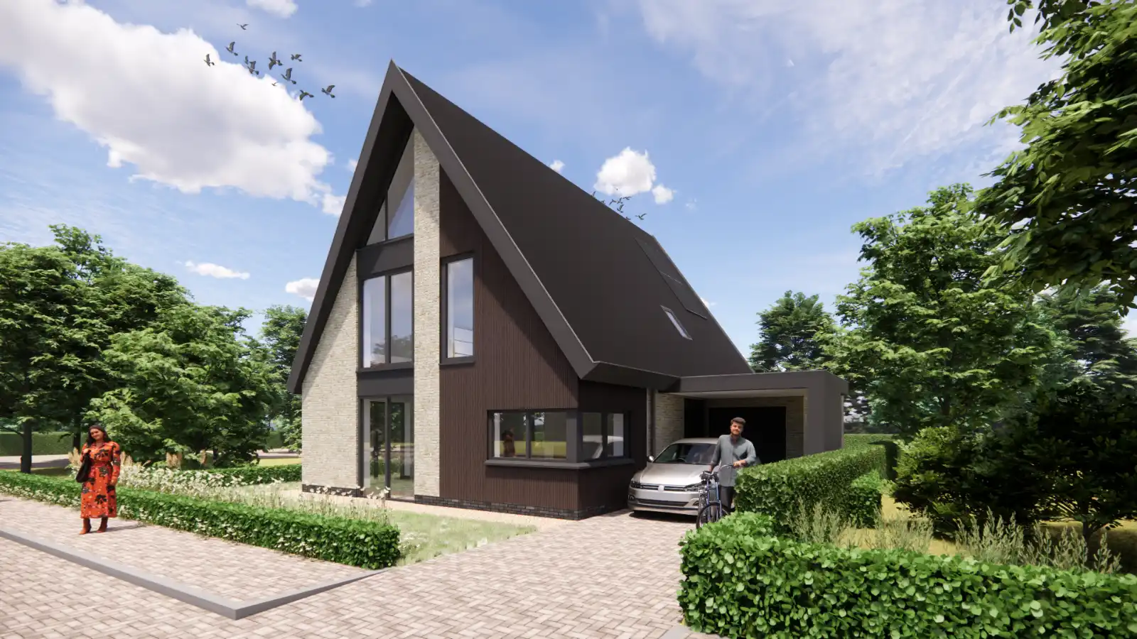 Render vrijstaande woning met houten gevelbekleding en grijze stenen