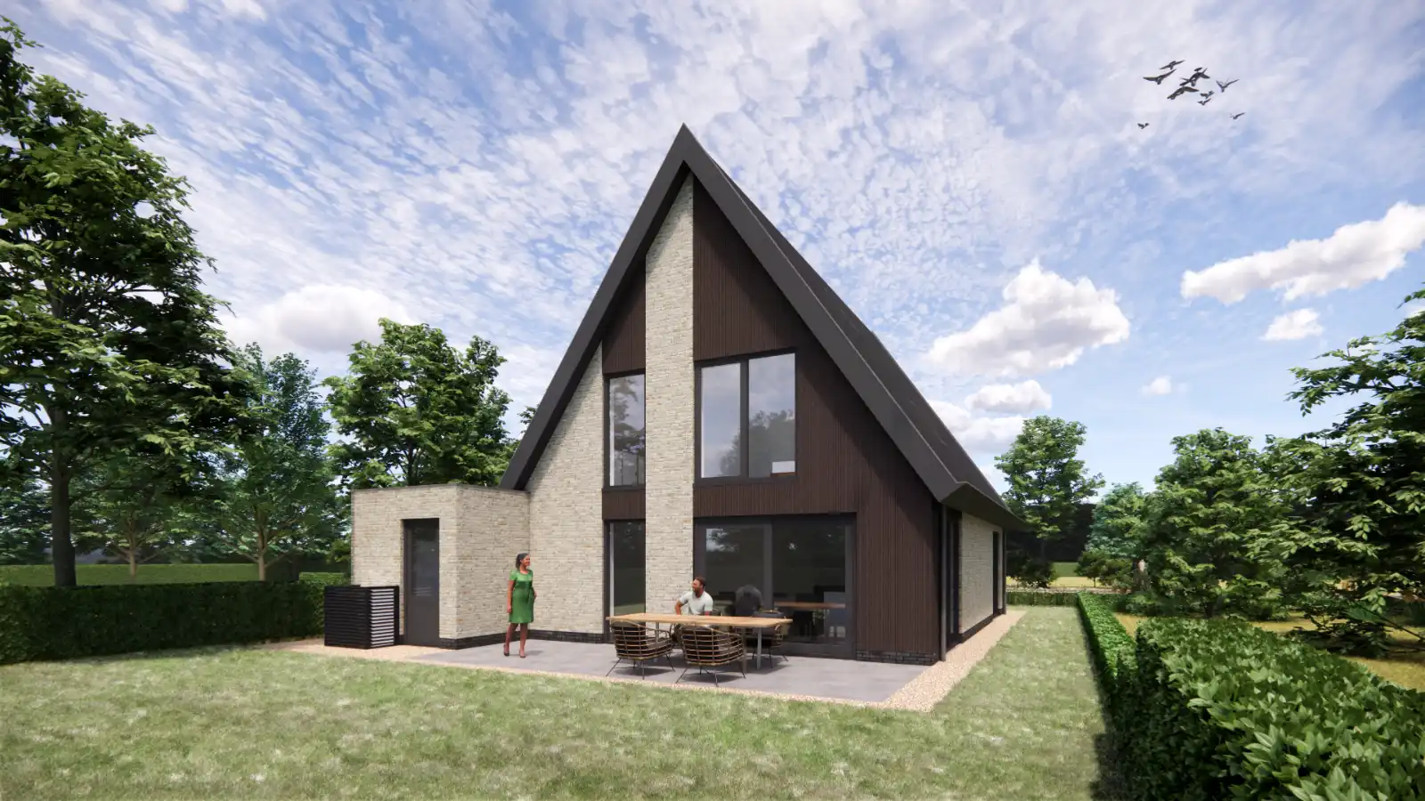 Render achterzijde vrijstaande woning met houten gevelbekleding en grijze stenen