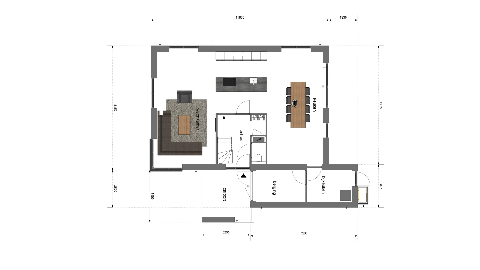 Plattegronde begane grond met grote leefruimte
