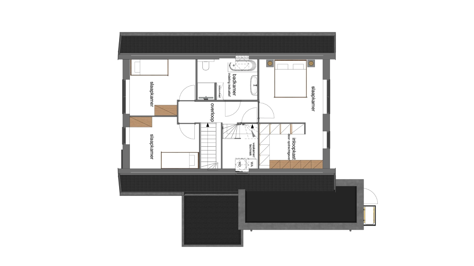 Plattegrond eerste verdieping met 3 slaapkamers en een badkamer