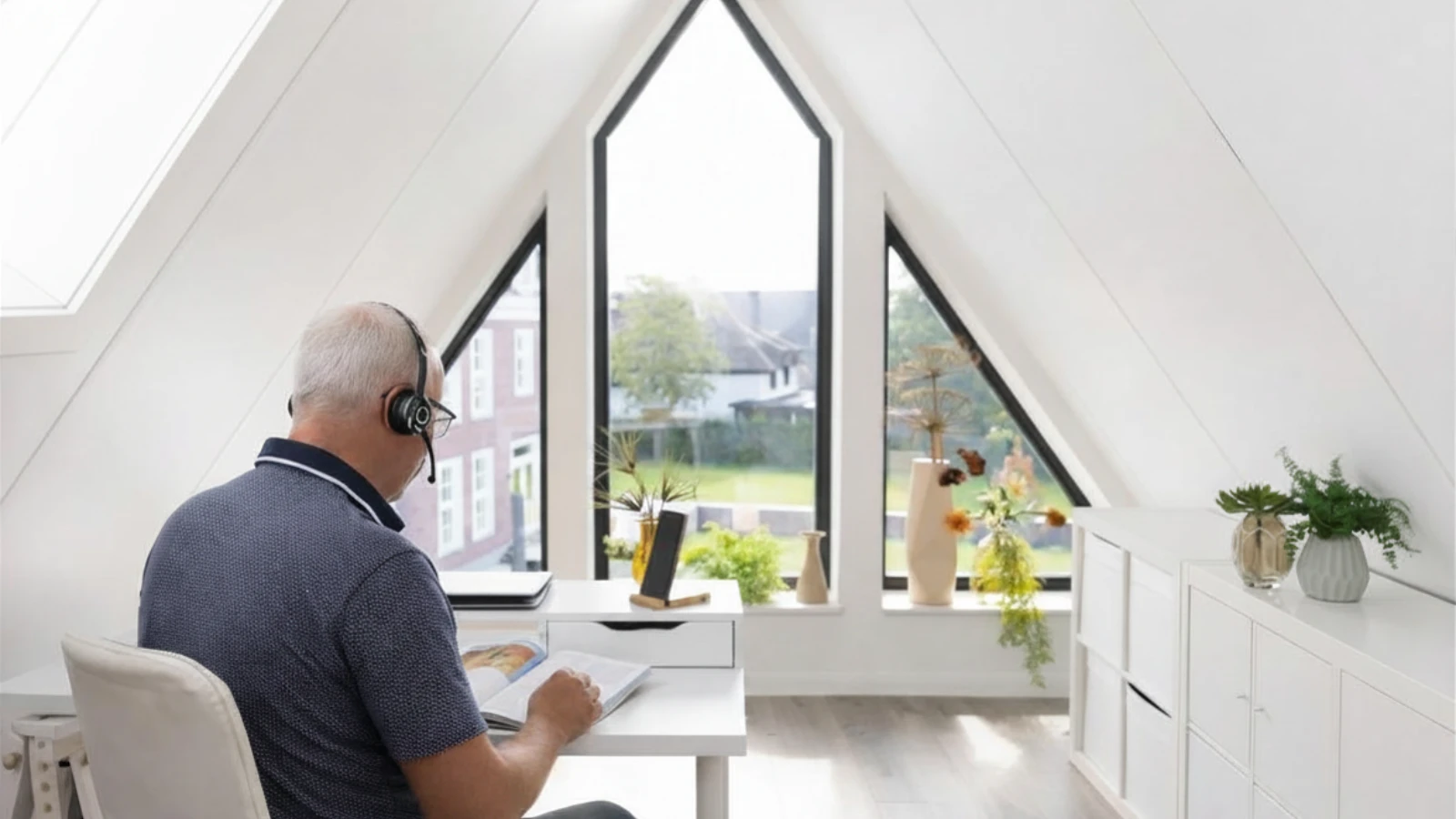 Man zit een boek te lezen in zijn werkkamer