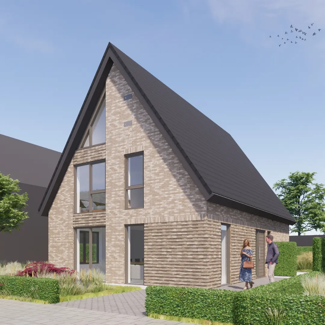 Render vooraaanzicht vrijstaande woning met lichte gevelstenen en vele ramen