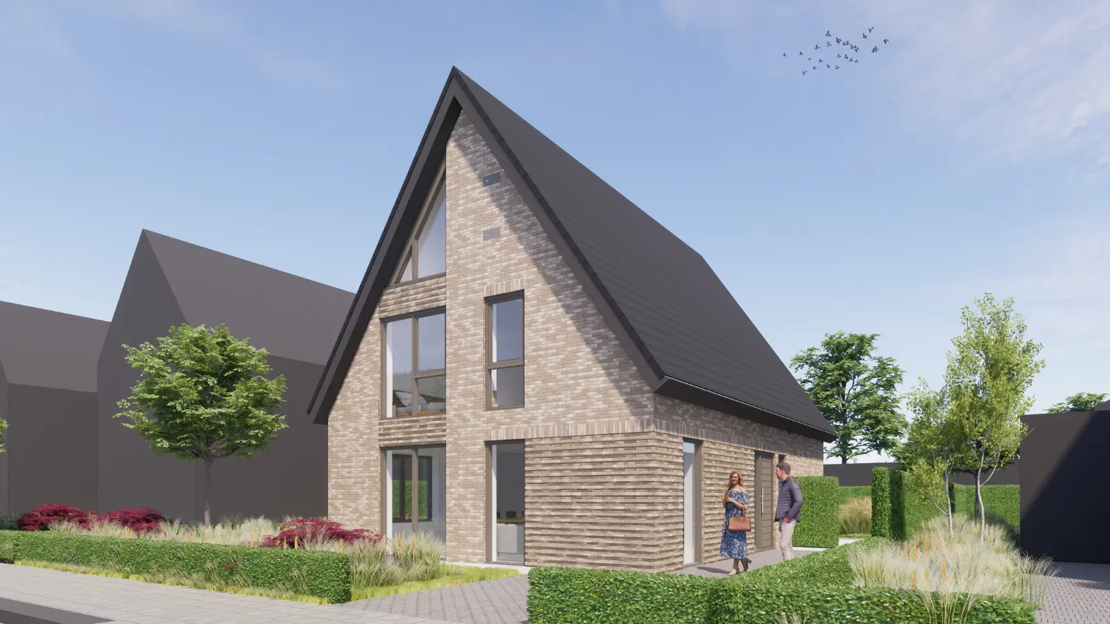 Render vooraaanzicht vrijstaande woning met lichte gevelstenen en vele ramen