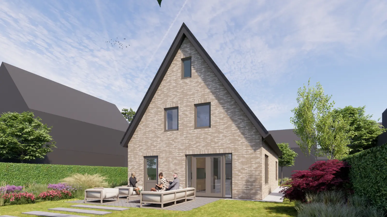 Render achterzijde vrijstaande woning met openslaande deuren