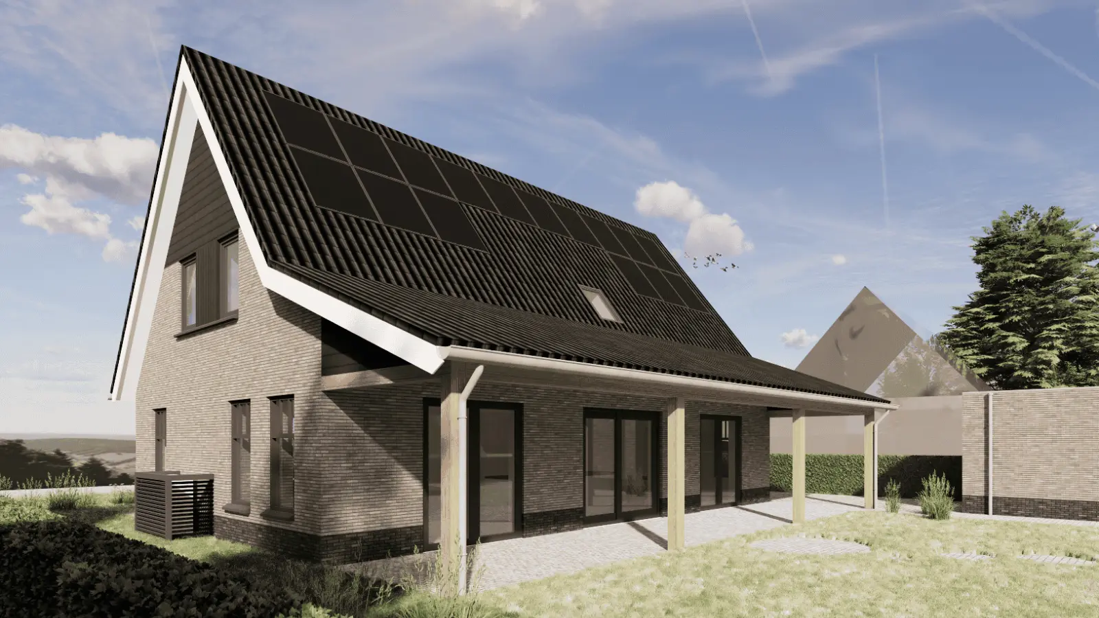 Render van vrijstaande woning met aangebouwde overkapping