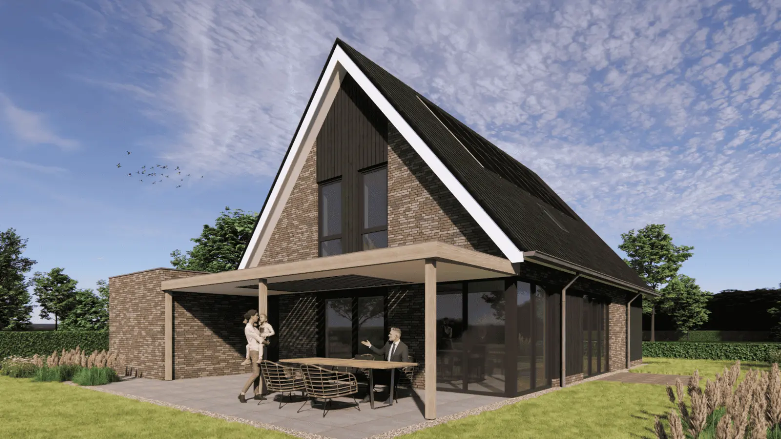 Render vrijstaande woning met grijze gevelstenen en overkapping