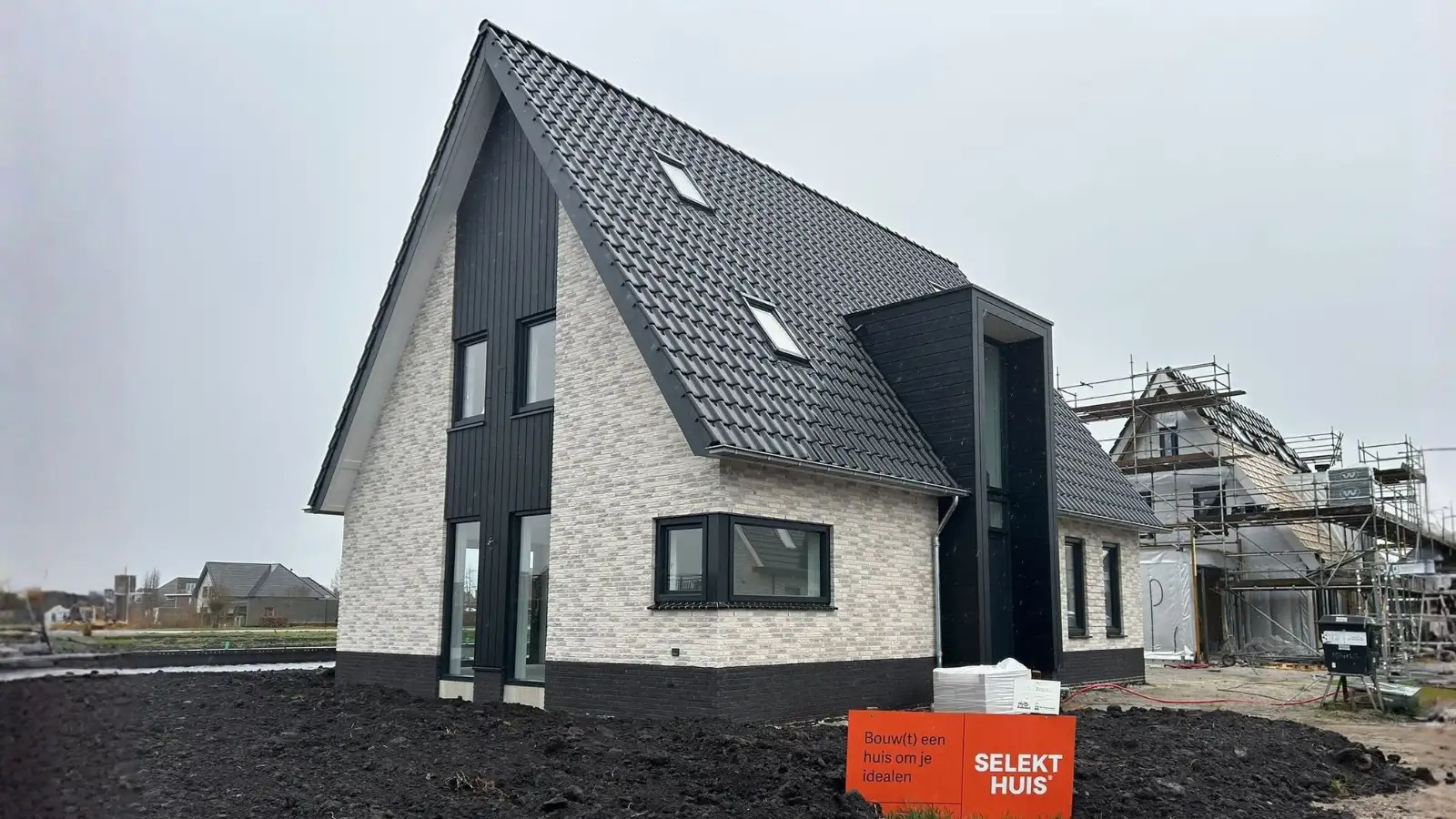 Vrijstaande woning met lichte grijze gevelstenen en zwarte risaliet