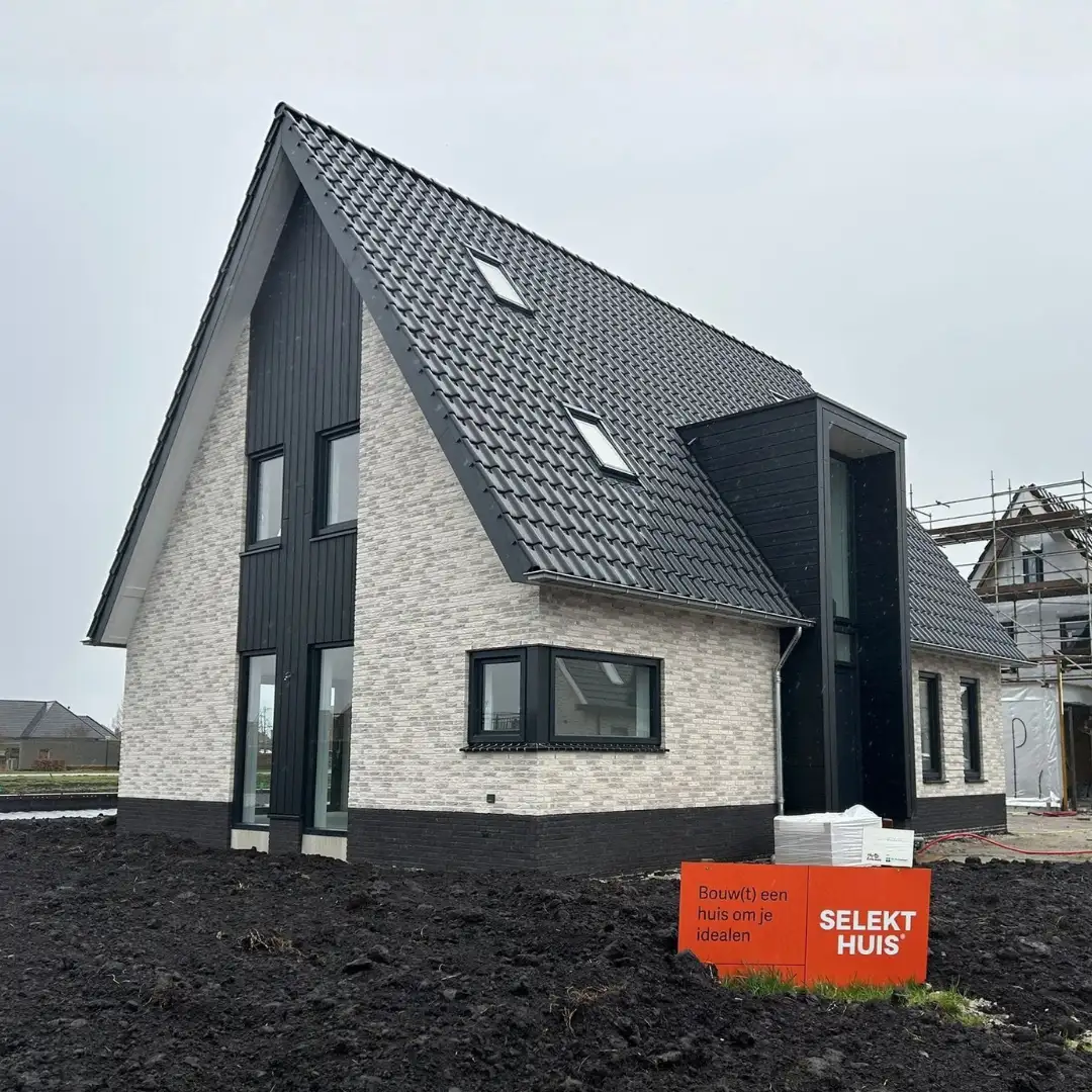 Vrijstaande woning met lichte grijze gevelstenen en zwarte risaliet