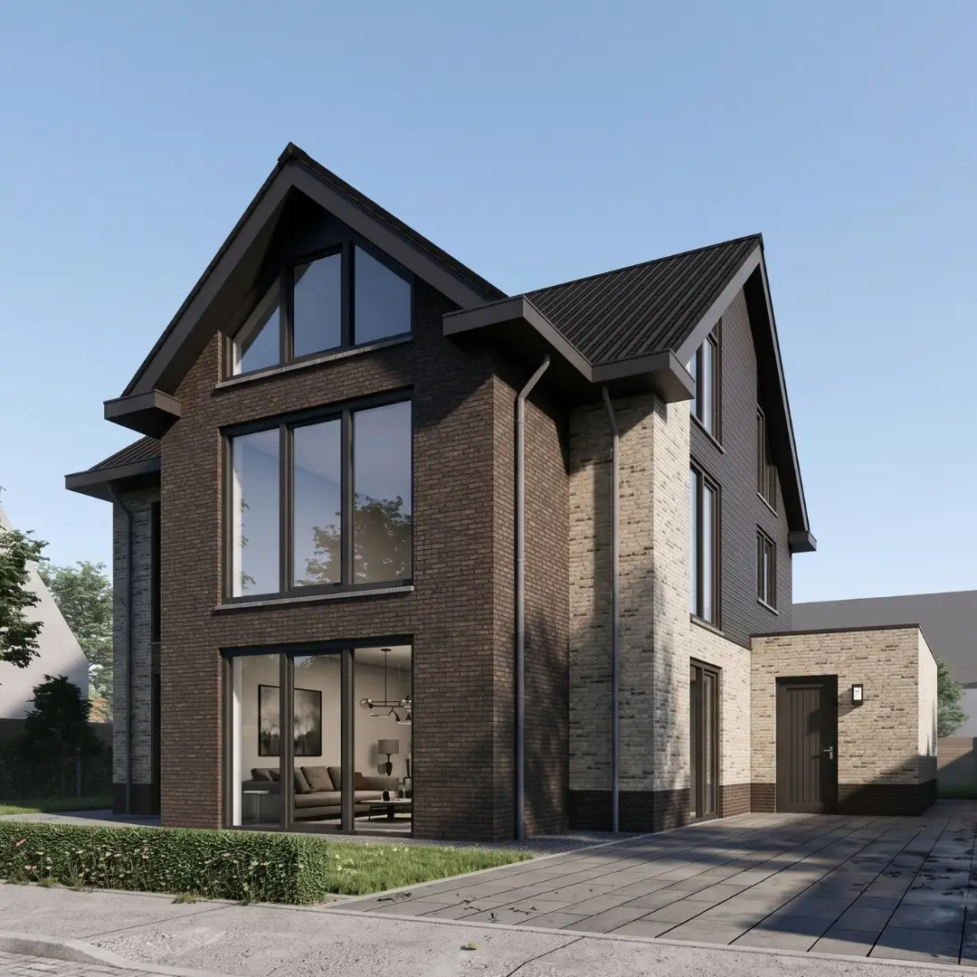 Render vrijstaande hoogbouw woning met donkere stenen