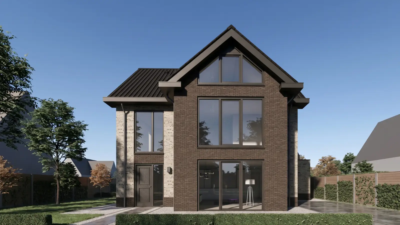 Render vrijstaande hoogbouw woning met donkere stenen