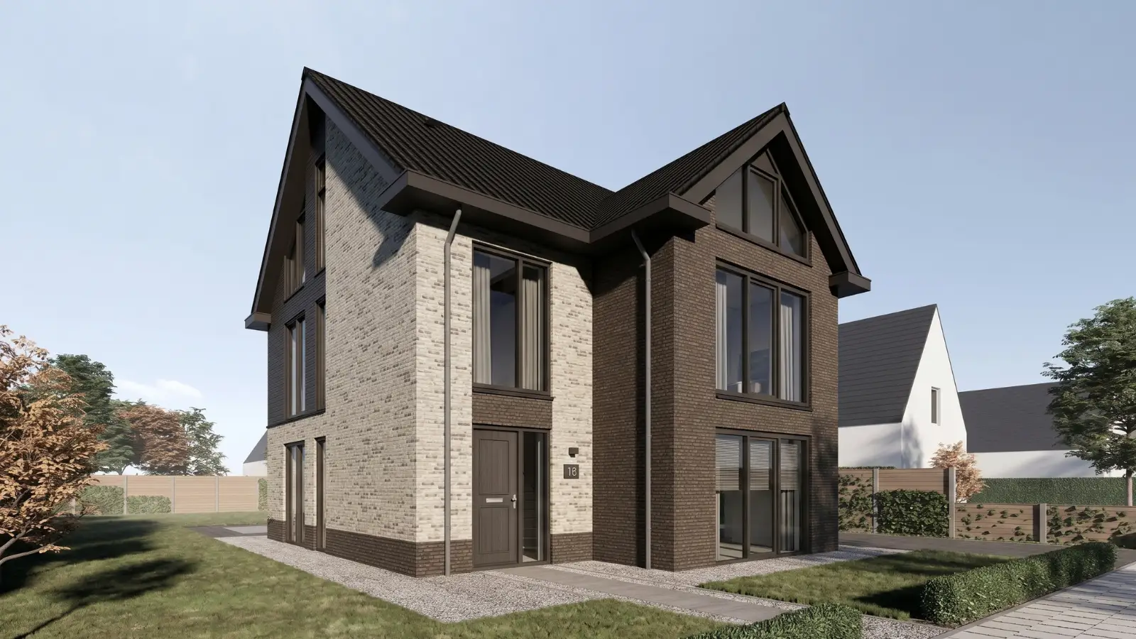 Render vrijstaande hoogbouw woning met donkere stenen