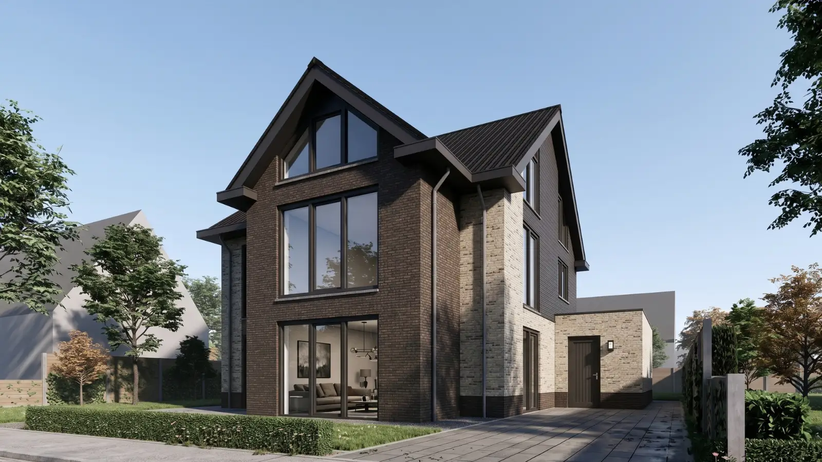 Render vrijstaande hoogbouw woning met donkere stenen