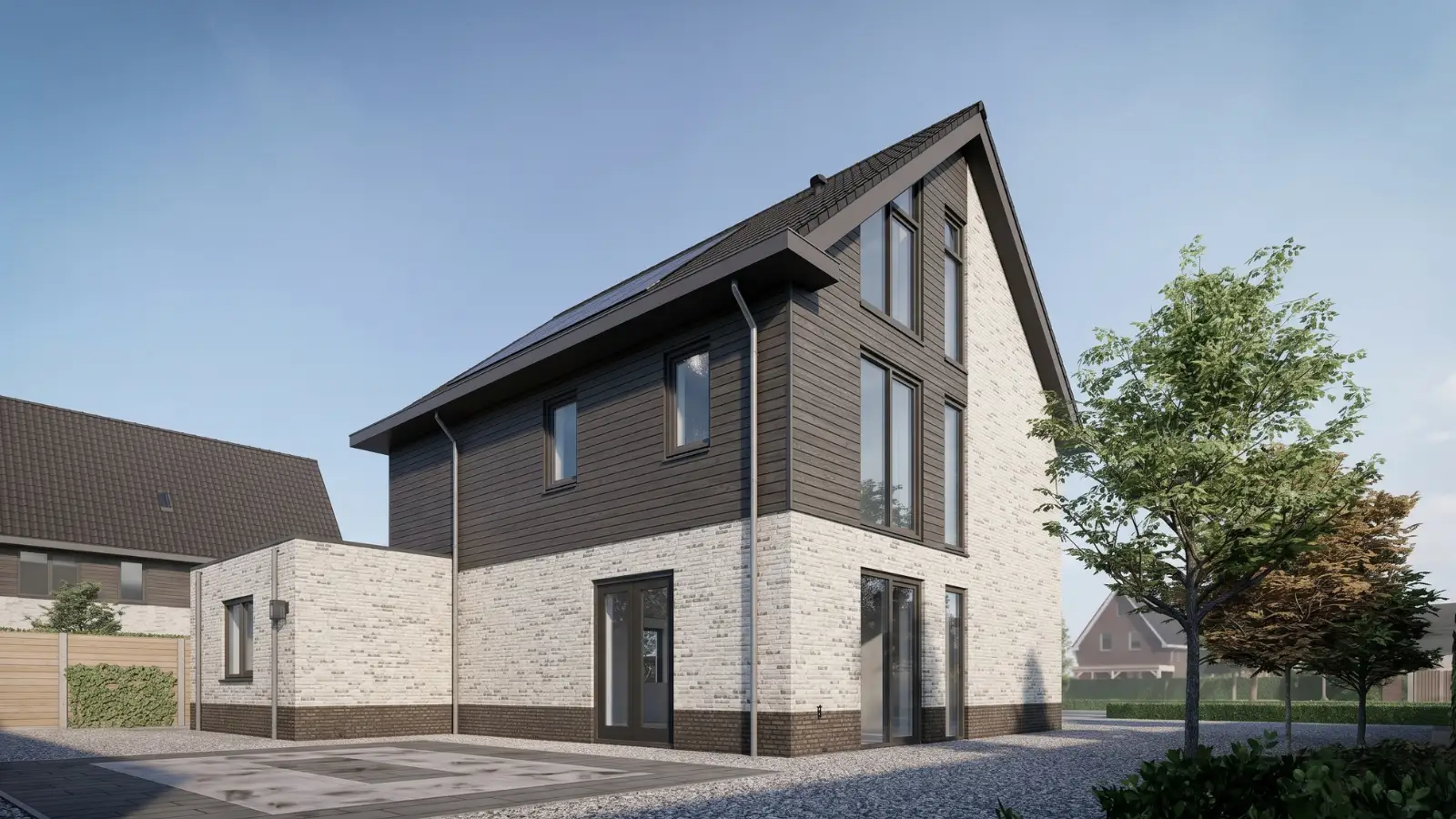 Render vrijstaande hoogbouw woning met houtengevelbekelding