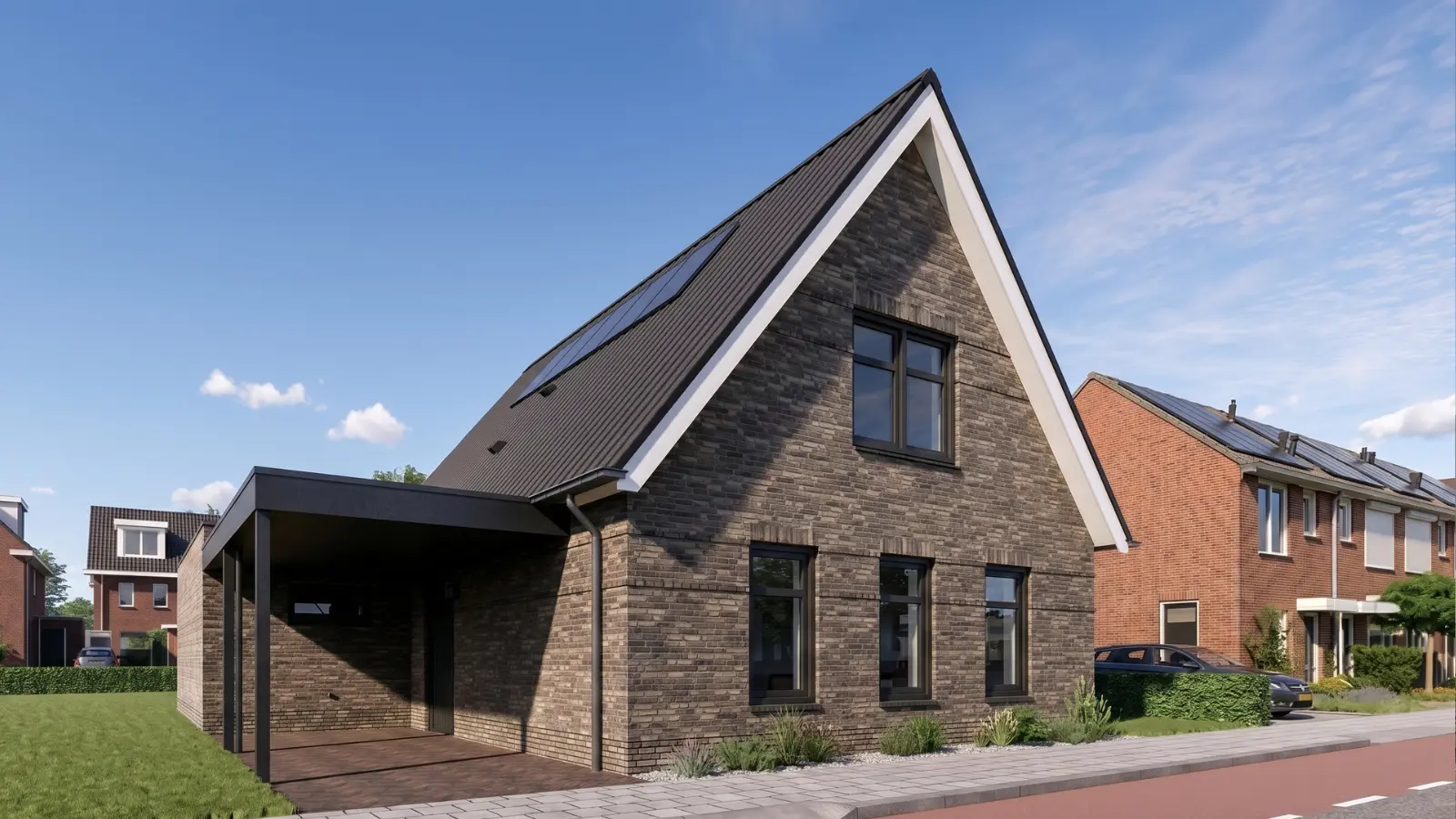 Render van een vrijstaande woning met carport