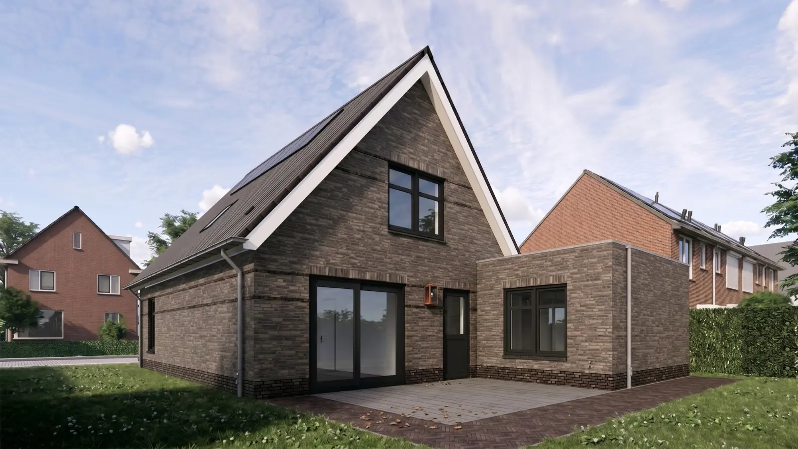 Render van een vrijstaande woning met aanbouw