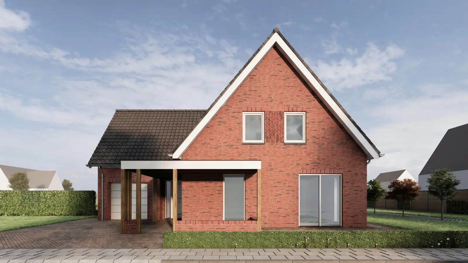 Render vrijstaande woning met rode gevelstenen