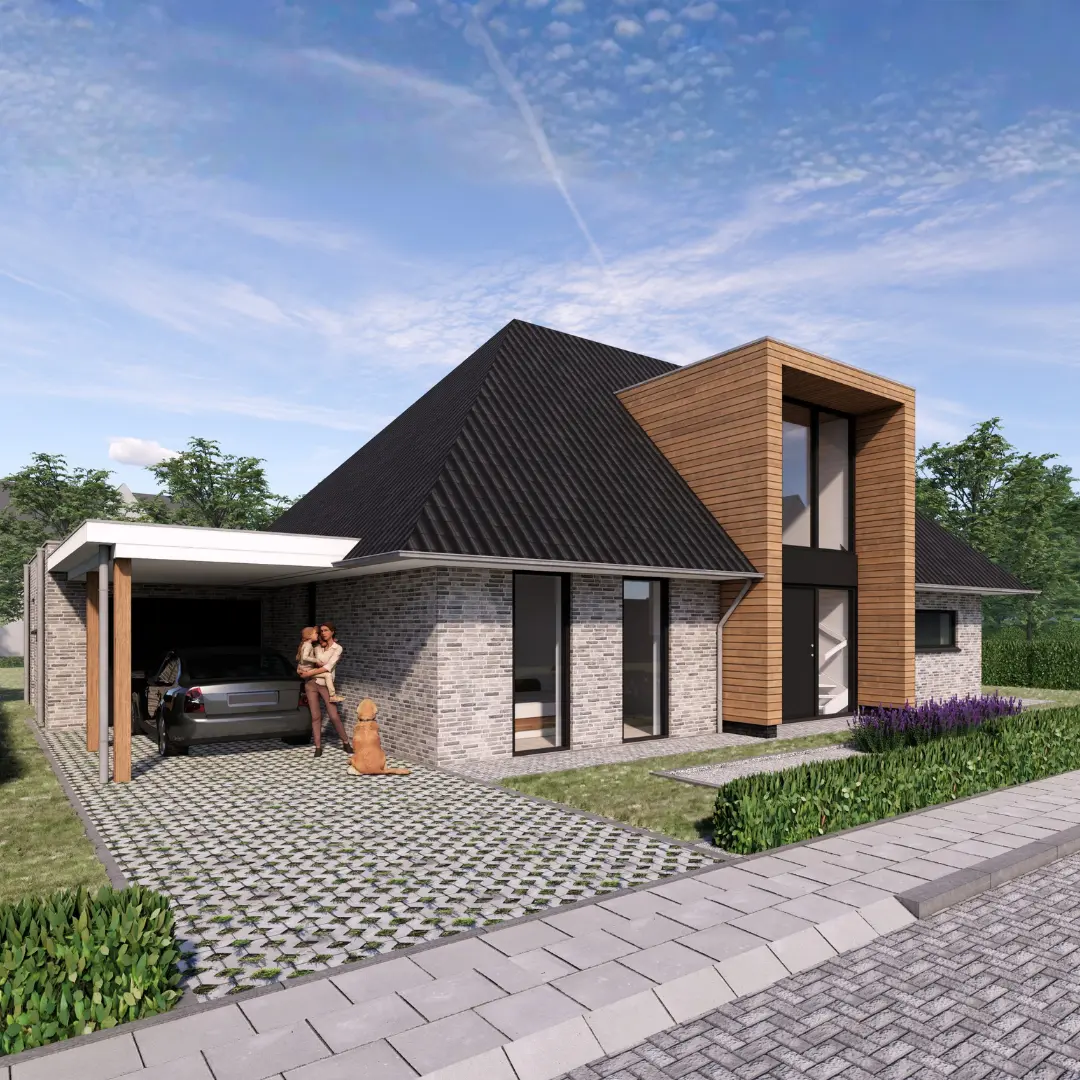 Render van vrijstaande woning met houten risaliet