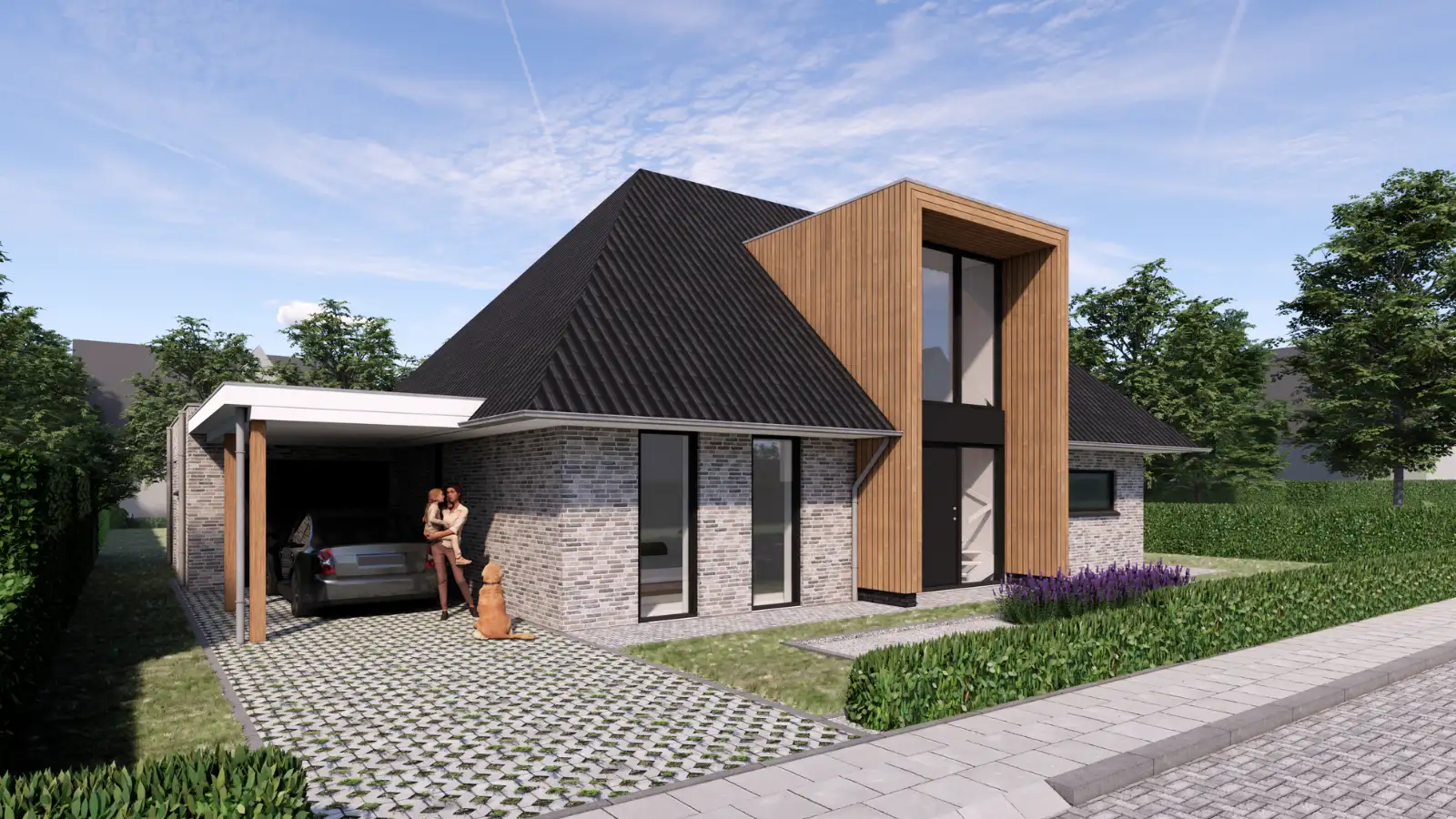 Render van vrijstaande woning met houten risaliet
