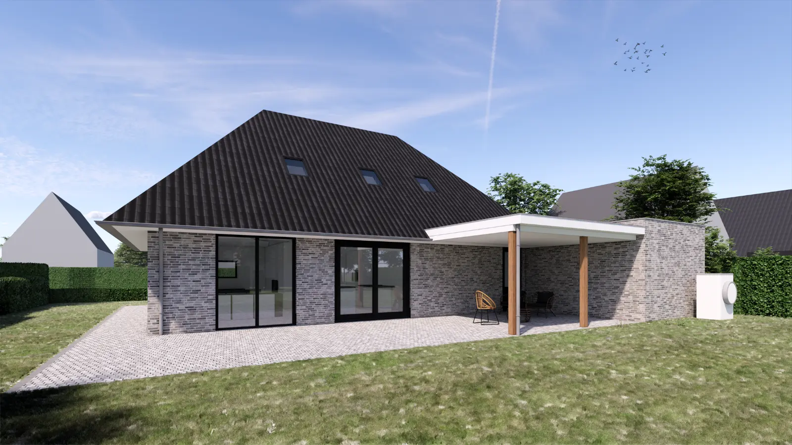 Render achterzijde woning met overkapping