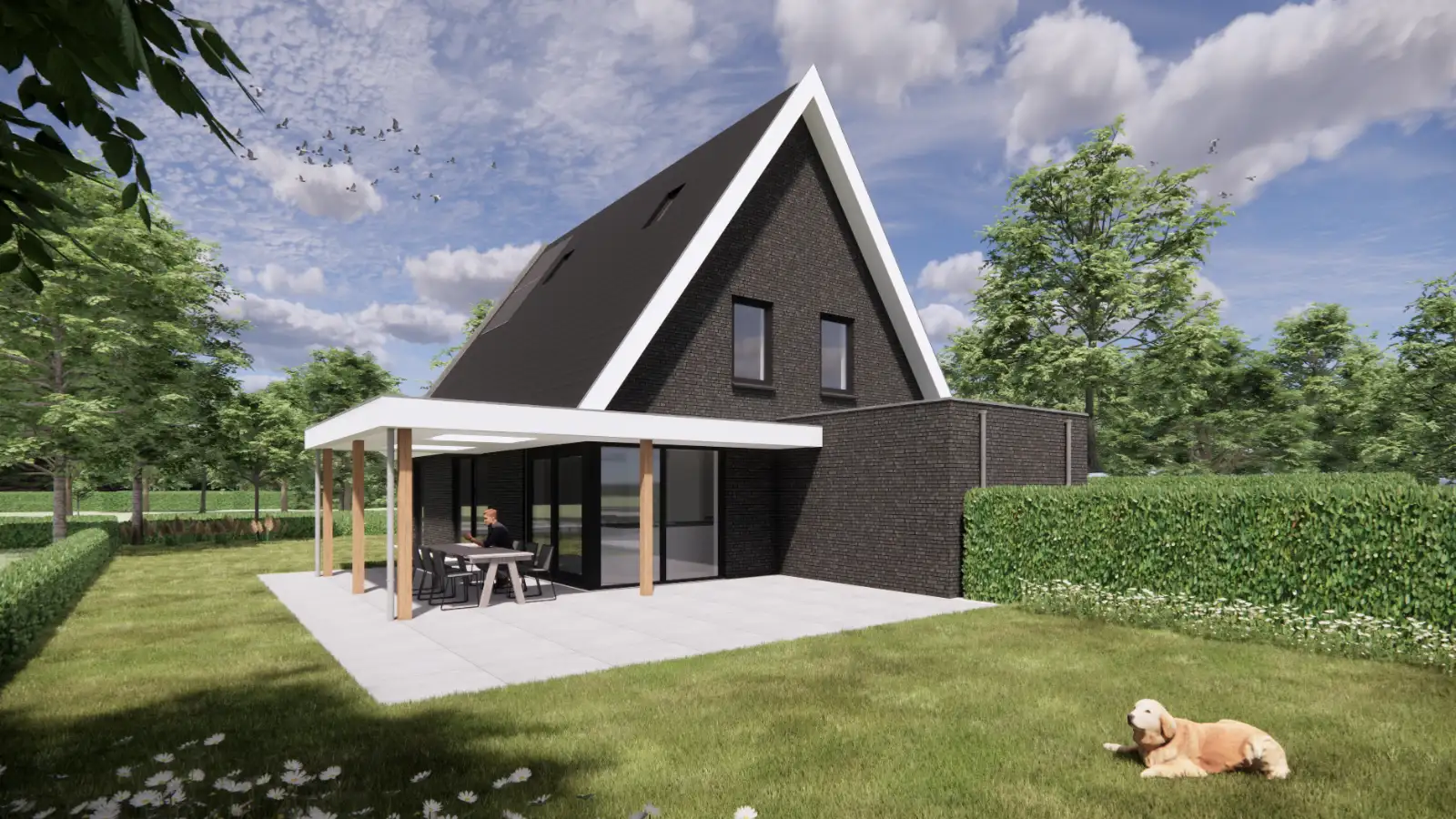 render van een vrijstaande woning met een overkapping achter het huis