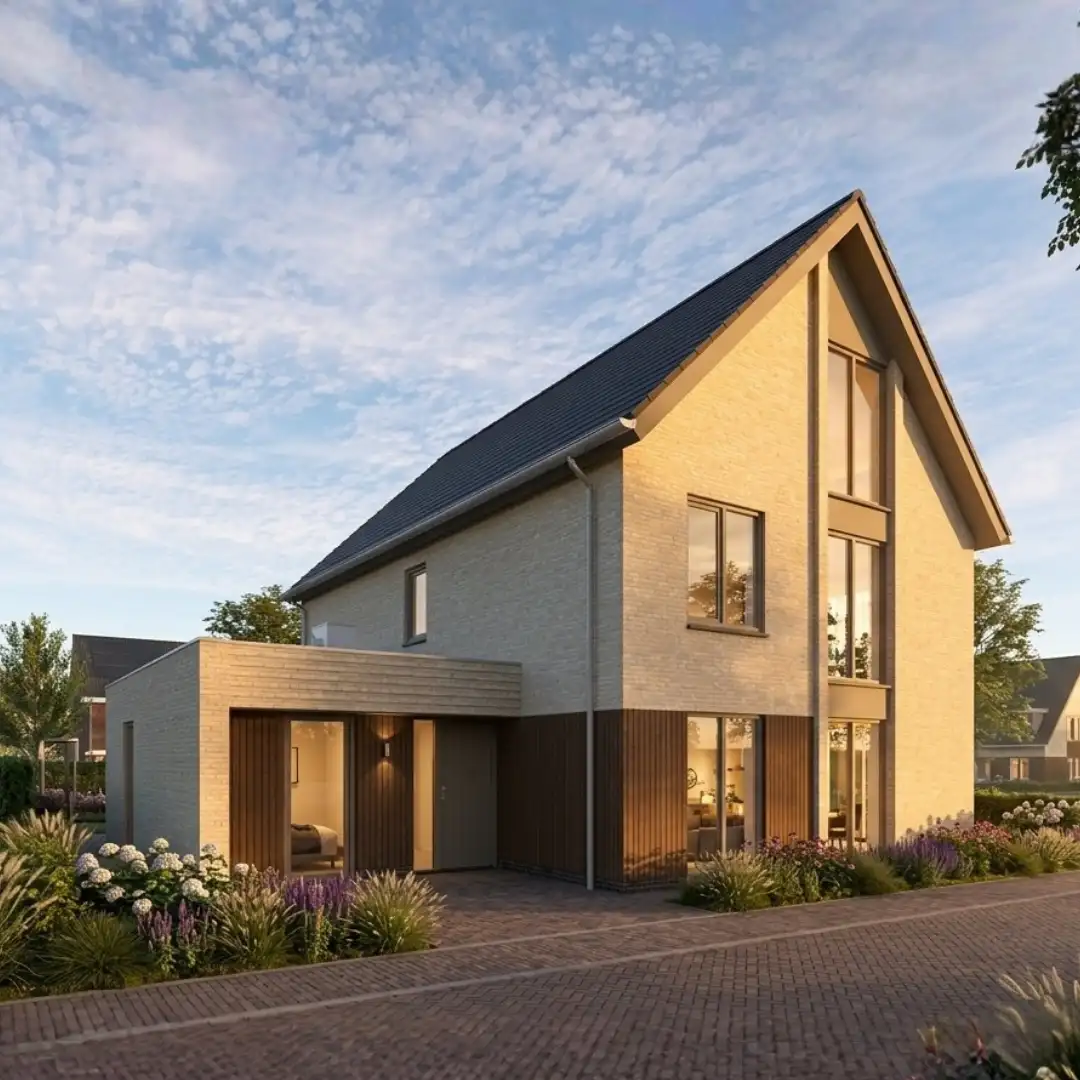 Render van vrijstaande hoogbouw woning met houten gevelbekleding