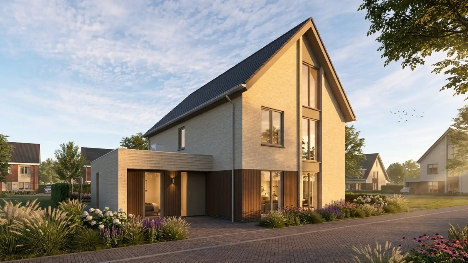 Render van vrijstaande hoogbouw woning met houten gevelbekleding