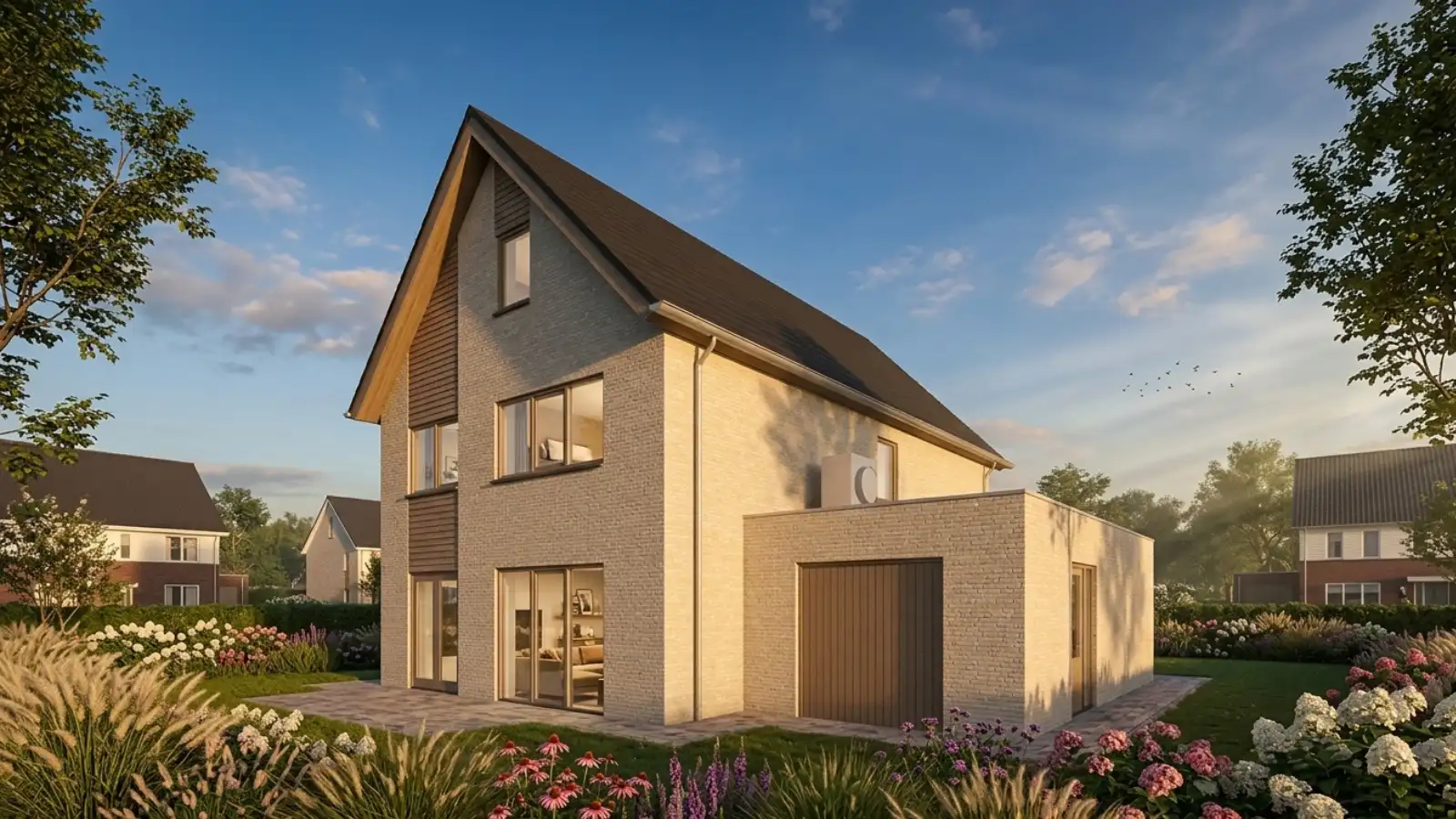 Render achterzijde vrijstaande hoogbouwwoning met houten gevelbekleding