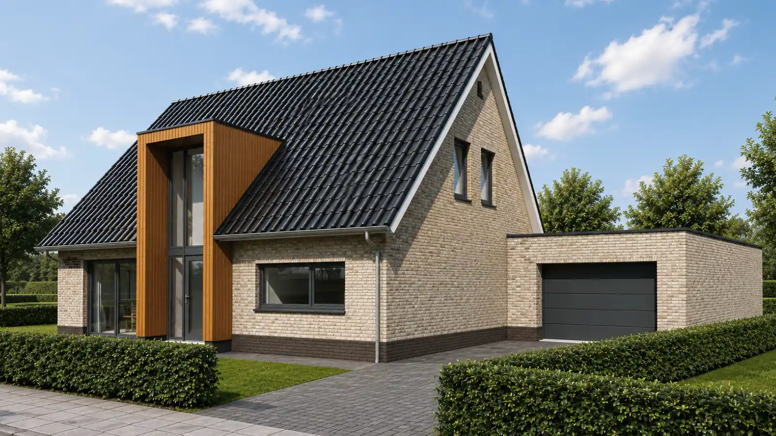 Render vrijstaande woning met houten risaliet