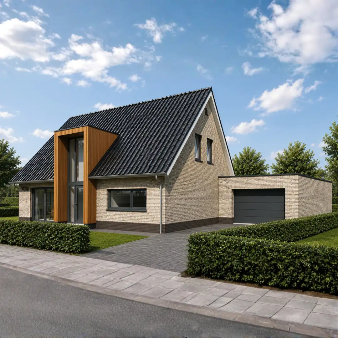 Render vrijstaande woning met houten risaliet